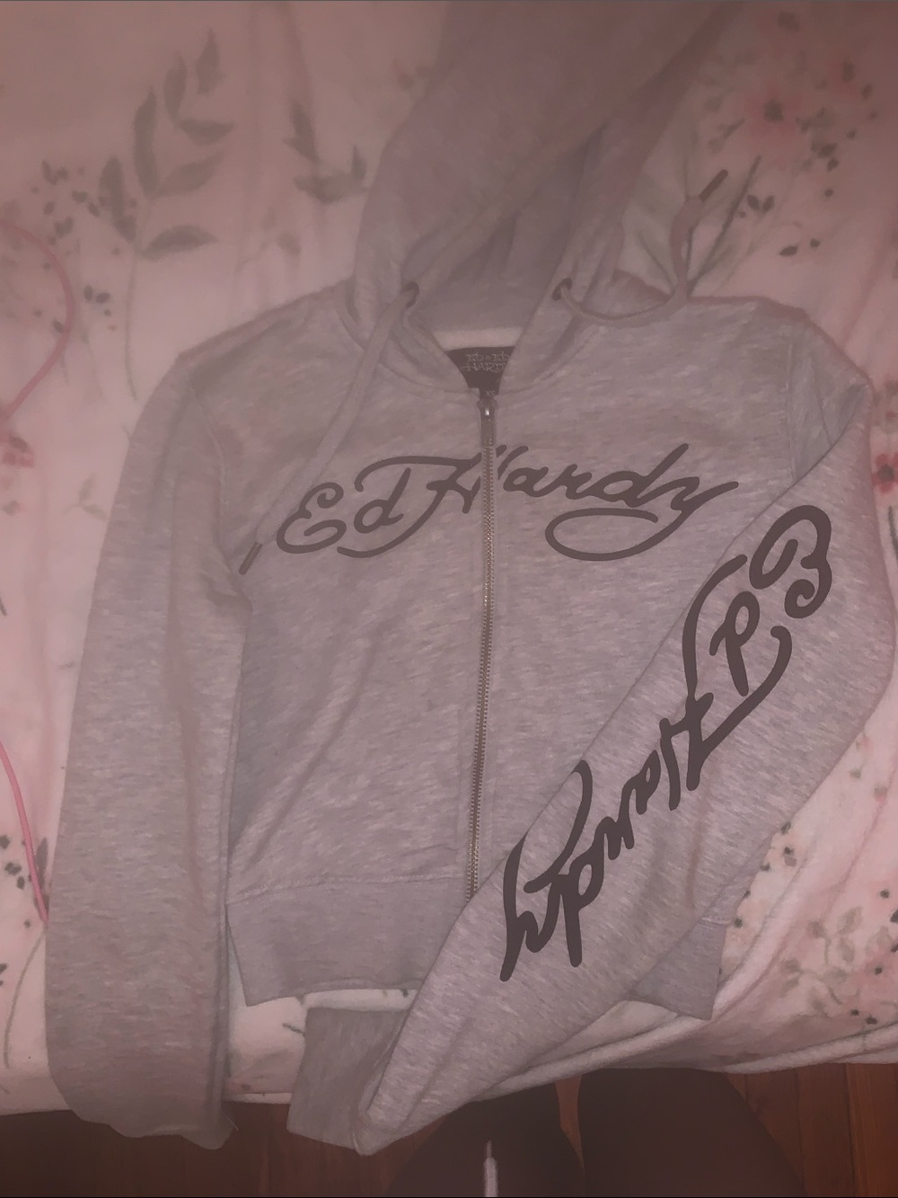 Ed Hardy Light Gray Zip Hoodie with Script Logo